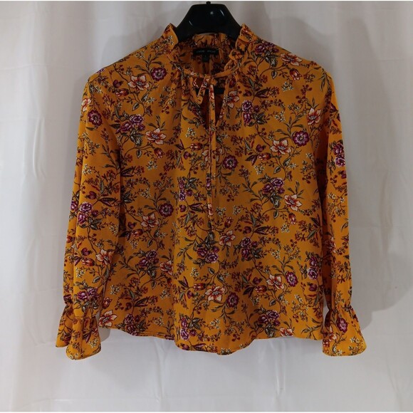 Moa Moa Tops - Moa Moa Blouse Women's Size Large Floral Tie And Ruffle At Neck Elastic At Wrist